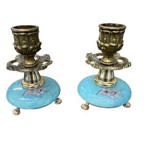 Vintage Set 2 Blue Alabaster Pink Flower Footed Brass Candlesticks‎ Antique